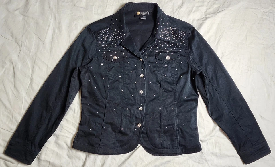 Chaqueta de mezclilla negra adornada Christine Alexander para mujer talla XL DE COLECCIÓN Foto 1 de 4