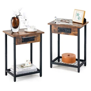 2 Pieces Bedside Nightstand Set with Open Shelf and Charging Station-Rustic Brow - Picture 1 of 4