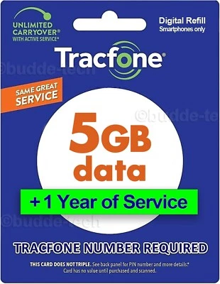 TracFone 5GB DATA +1 YEAR 365 days - Talk Time Refill Card SmartPhone Airtime - Image 1 of 4