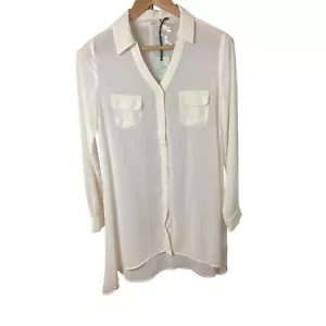 Cecico NWT White Sheer Long Tunic Button Up Long Sleeve Blouse Sz S - Picture 1 of 10