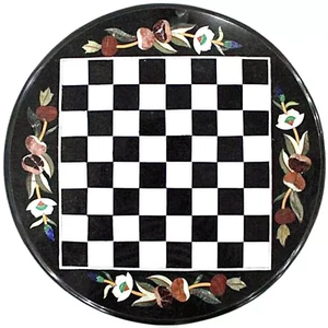 Marble Black Stone Playing Chess Table With Floral Inlay Work For Hallway Decors - Picture 1 of 8