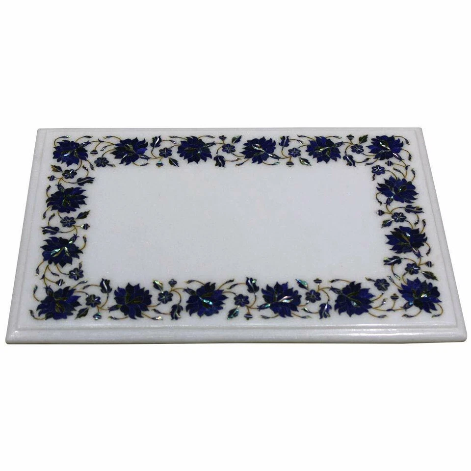 18" x 12" White Marble end Table Top inlay semi precious stone work Pietra Dure  - Image 1 of 2