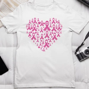 Breast Cancer Awareness Pink Ribbon Heart T-Shirt Public Disease Survivor Gifts - Picture 1 of 21