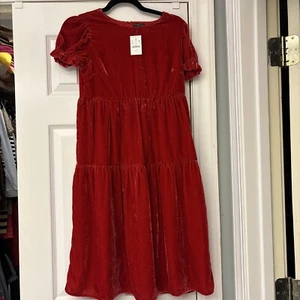 NWT Crewcuts Red Smocked Crushed Velvet Dress Girls Ruffled Sleeve Size 14 - Picture 1 of 9