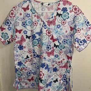 Nurse Scrub Top Sierra Scrubs Floral Butterfly V Neck Women’s Sz. Small - Picture 1 of 5