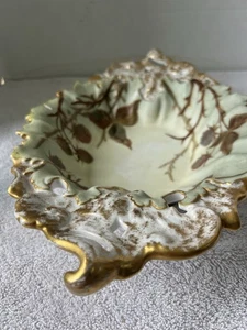 Antique Reticulated 13.5" Hand Painted Gilded Porcelain Oval Serving Dish Green - Picture 1 of 14
