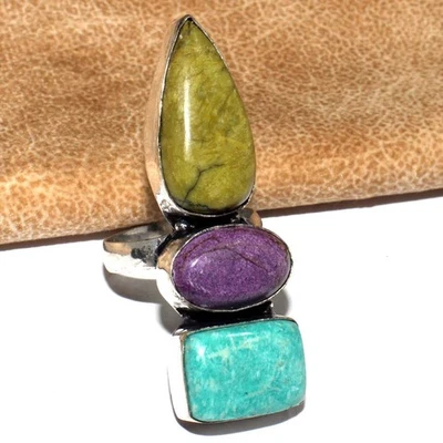 Exigente anillo enchapado en plata 925 ópalo verde purita amazonita 10" GW Foto 1 de 3