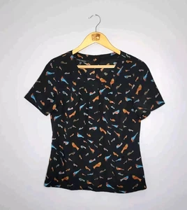 Laura Ashley Blouse UK 10 Black Bird Print Short Sleeve Pleat Detail Top - Picture 1 of 5