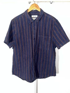 Madewell Easy Fit Men’s L Short Sleeve Button Up Navy Brown Stripe Hemp - Picture 1 of 17