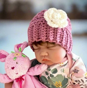 Crochet hat for baby girl- pink with white flower - Picture 1 of 10