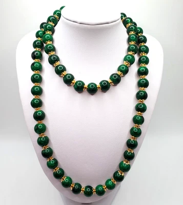 New 18" Genuine Green Jade Necklace W/ Gold Plated Beads & Insert Clasp - Image 1 of 4