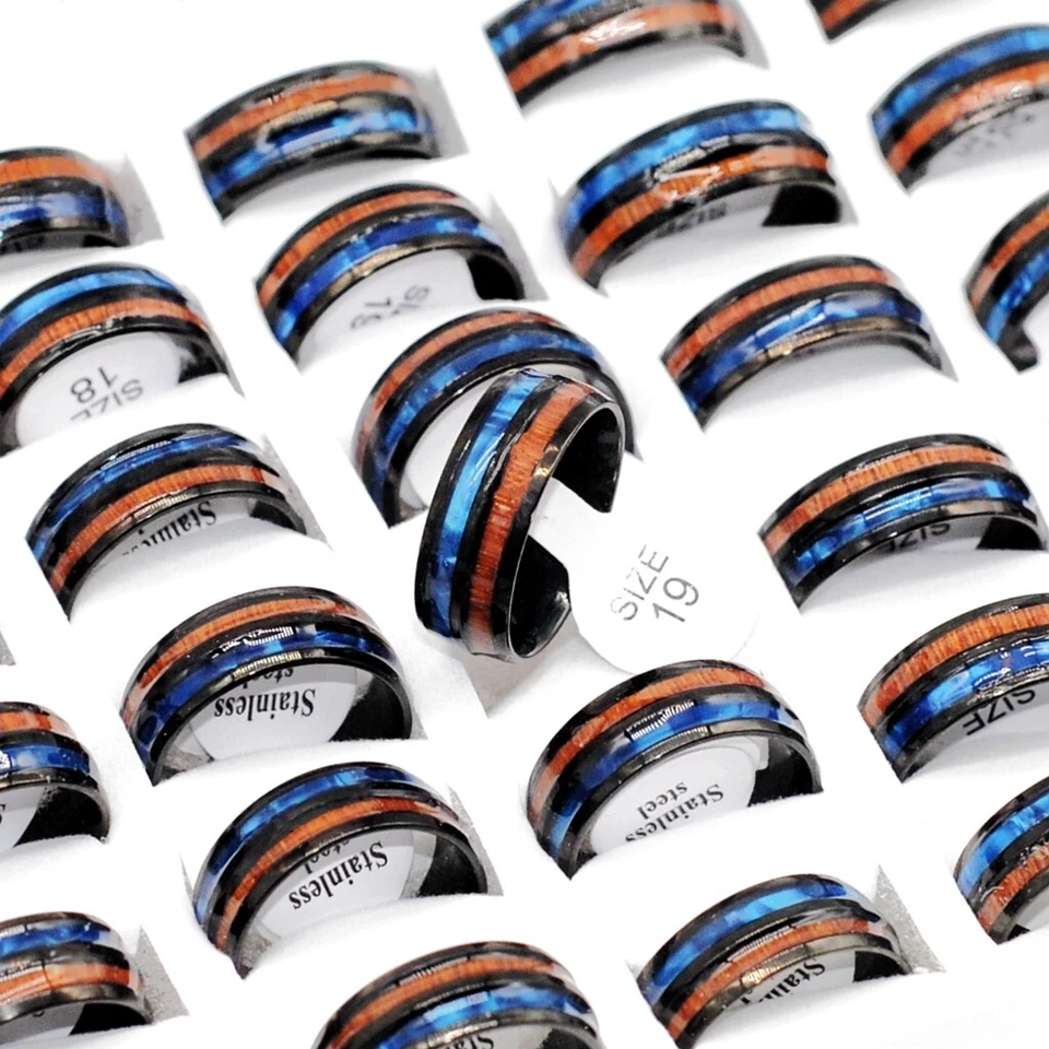 Lotes a granel 30 anillos de banda con patrón de madera para hombres moda acero inoxidable dijes joyería Foto 1 de 4