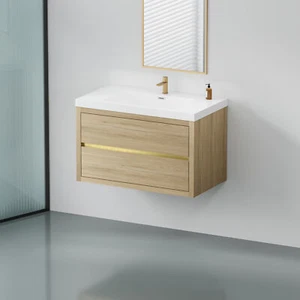 36" Floating Wall-Mounted Bathroom Vanity W/ 2 Drawers Stone Resin Sinks Natural - Picture 1 of 10