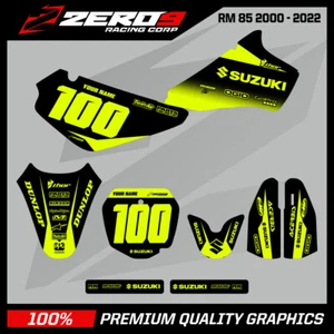 Kit de gráficos MX personalizado: SUZUKI RM 85 2000 - 2022 - BLOQUE NEGRO/F-AMARILLO - Imagen 1 de 6