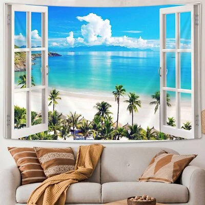 Ocean Beach Window Sky Cloud Extra Large Tapestry Wall Hanging Fabric Room Decor - Image 1 of 4