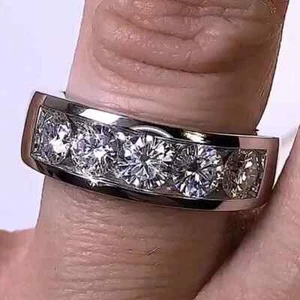 2.50 Ct Round-Cut VVS Moissanite Five-Stone Wedding Men's Band 14K White Gold - Picture 1 of 7