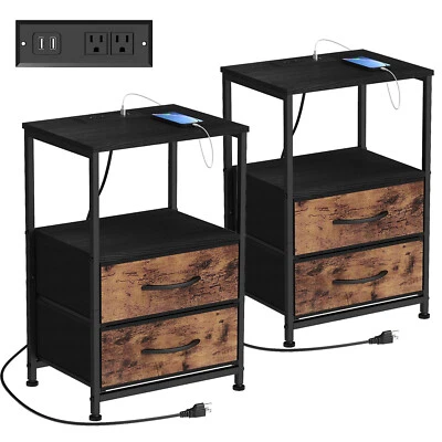2Pack 2-Tier Bedside Table Nightstand w/Drawers&Storage Shelves&Charging Station - Image 1 of 4
