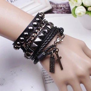 Men Punk Gothic Biker Wide Leather Bracelet Bangle Wristband Braided Rivet Chain - Picture 1 of 12