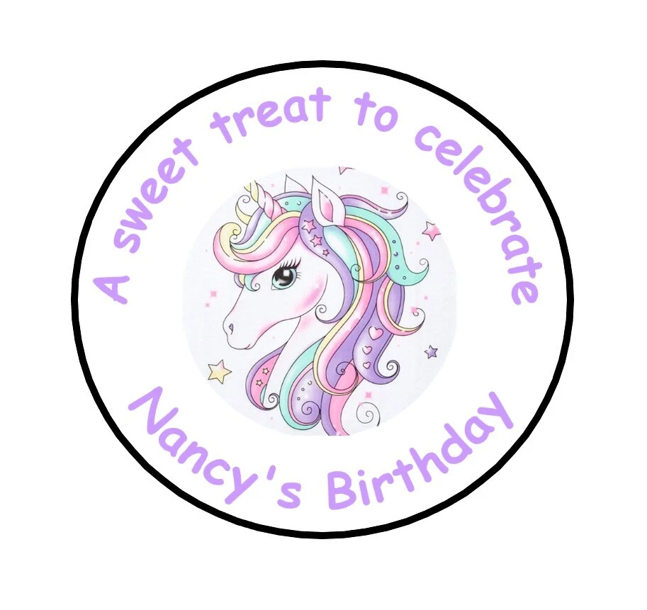 35 Personalised Unicorn Rainbow Birthday Stickers Party Thank You Sweet Cone Bag - Image 1 of 1
