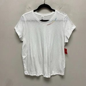 Spanx Womens White Short Sleeve Crew Rainbow Slub Embroidered Graphic T-Shirt XL - Picture 1 of 7