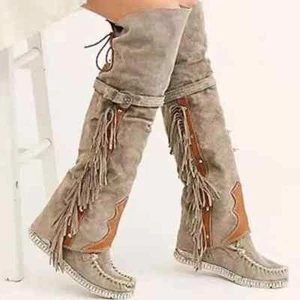 Fashion Bohemia Knee-length Women Boots Ethnic Personality High Boot Tassels Fau - Picture 1 of 29