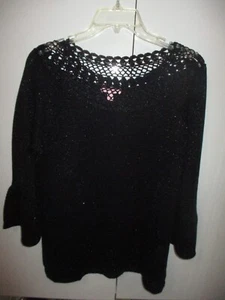 LILLY PULITZER BLACK 3/4 BELL SLV CROCHET NECKLINE LOVELY TOP SIZE L - Picture 1 of 7
