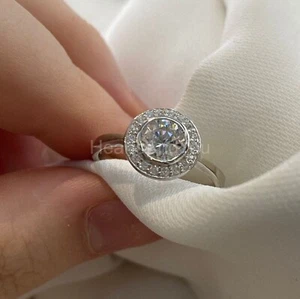 1.5ct Round Cut Moissanite Halo Bezel Set Engagement Ring 14K White Gold Plated - Picture 1 of 3