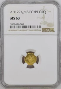 EGYPT - OTTOMAN , GOLD 5 QIRSH ABDUL HAMID II 1293/18 AH NGC MS 63 , RARE11 - Picture 1 of 2