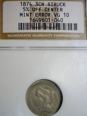 1874 ERROR NGC VG Off Center THREE CENT NICKEL Coin NICE EARLY O/C .03 Cent Pc. - Image 1 of 4