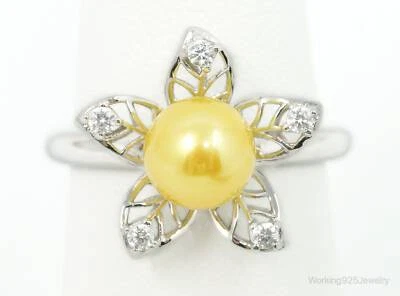 Faux Yellow Pearl Cubic Zirconia Flower Sterling Silver Ring SZ 5.75 Adjustable - Image 1 of 4