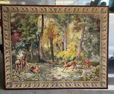 ANTIQUE LARGE HAND EMBROIDERED CONTINENTAL TAPESTRY OF A FOREST SCENE
