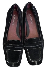 Aerosoles Golden Reel Black Suede White Stitching Loafers Slip On Size 8B - Picture 1 of 13