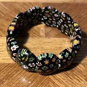 Handcrafted Glass Multicolor On Black Millefiori Floral Stretch Bracelet - Picture 1 of 5