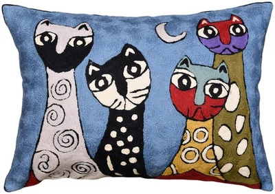 Lumbar Picasso Pillow Cover - Blue Cat Abstract Kitties Cushion - Hand Embroi... - Image 1 of 4