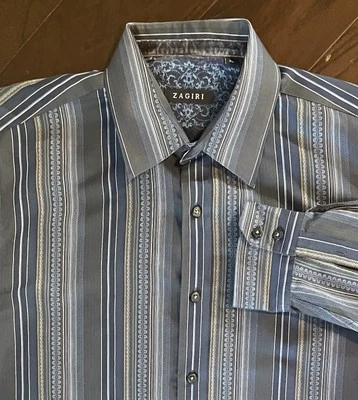 Camisa de vestir geométrica a rayas gris azul plateado talla XL de ZAGIRI para hombre Foto 1 de 4
