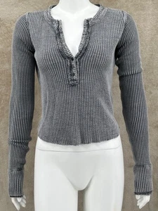 Free People FP One Top Womens Medium Gray Colt Henley Waffle Knit Long Sleeves - Picture 1 of 13