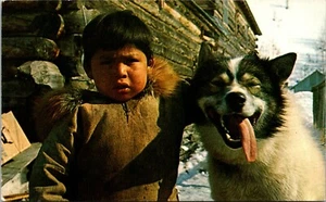 An Eskimo Boy's Best Friend Alaska Postcard - Picture 1 of 2