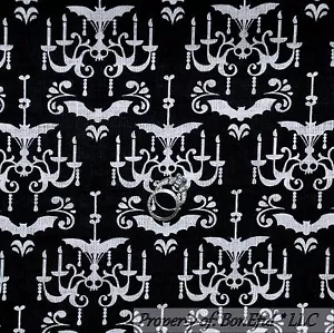 BonEful Fabric Cotton Quilt Black White B&W Skeleton Skull Bat Halloween L SCRAP - Picture 1 of 13