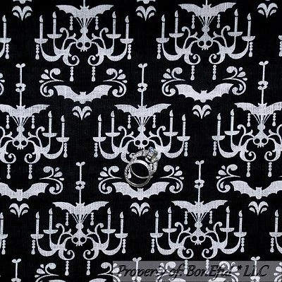 BonEful Fabric FQ Cotton Quilt Black White B&W VTG Skeleton Skull Bat Halloween - Image 1 of 4