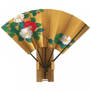 Sensy Japonés Bambú Ventilador Kyoto Artesanía Oro Tsubaki Camelia Con / Soporte - Picture 1 of 5
