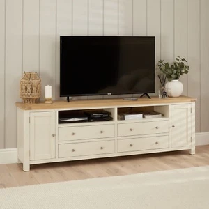 Marbury Cream Painted XXL Widescreen TV Unit Stand – Up to 100” TV Size - Oak - Picture 1 of 14