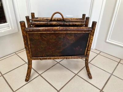 ANTIGUO SOPORTE DE REVISTA CHINOISERIE BAMBÚ TORTUGA QUEMADA VICTORIANA INGLESA Foto 1 de 4