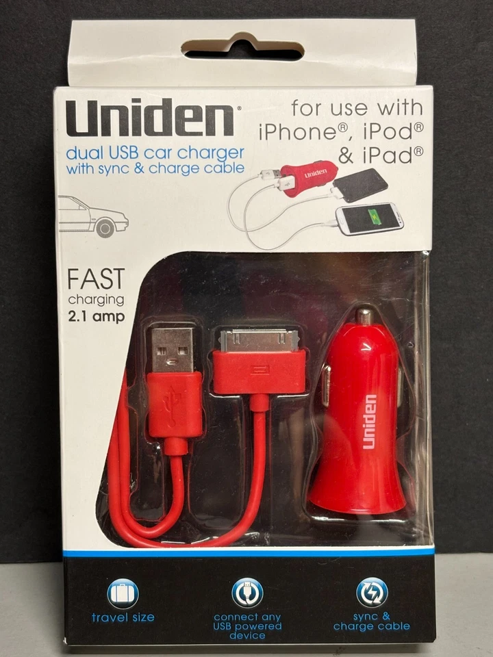 Uniden Cargador de Coche Doble USB con Cable de Sincronización y Carga para iPhone, iPod, iPad NUEVO Foto 1 de 3