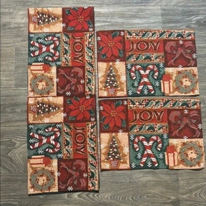 Vintage Festive Christmas Woven Tapestry Table Runner 2 Placemats Set Holiday - Picture 1 of 7