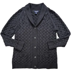 LANDS END Drifter Cardigan Sweater Size XL Cable Knit Shawl Black Cotton - Picture 1 of 12