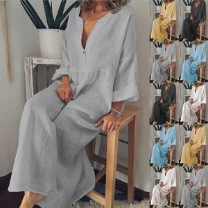 Plus Size Women Cotton Linen Loose Maxi Dress Ladies Casual Long Kaftan Sundress - Picture 1 of 16