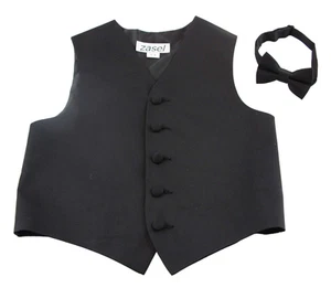 Black Boys Junior Cotton Vest Adjustable Waistcoast & Matching Bow Tie Set - Picture 1 of 17