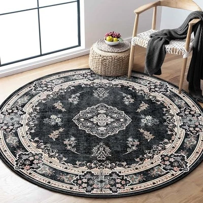 Black Round Rug 4ft,Circle Washable Area Rugs for Bedroom Living Room  - Image 1 of 4