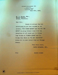 Membrete Pathe Exchange 28 de julio de 1922 The Timber Queen Go Get Em Hutch - Imagen 1 de 1