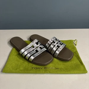 Tory Burch Ines Cage Slide Sandal Metallic Silver Womens Size 8.5 NEW $258 - Picture 1 of 4